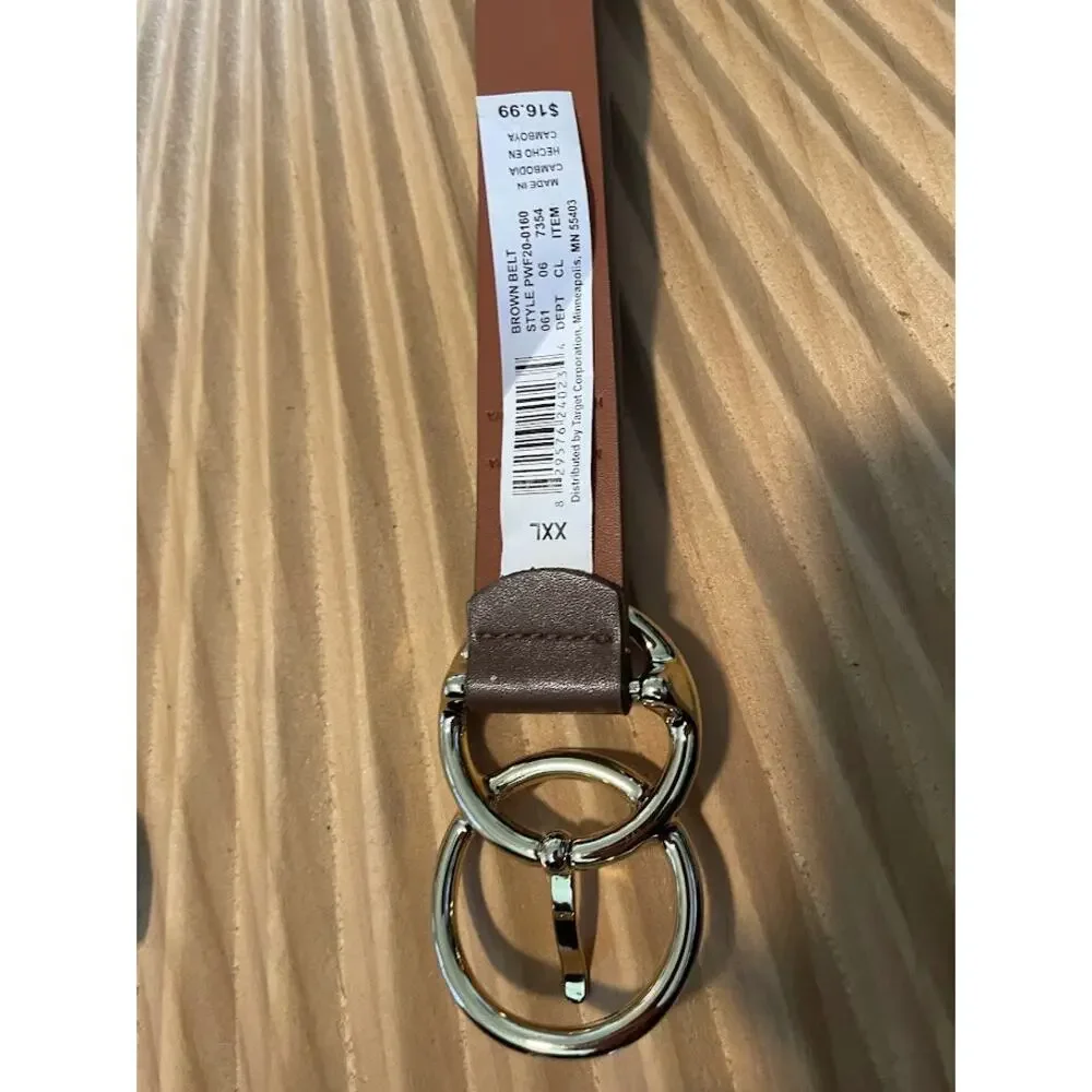 Target Womens Brown Faux Leather Belt Gold Double Ring Buckle Plus Size XXL